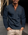 Men's navy blue long sleeve polo shirt with contrast collar and single chest pocket - Navy Blue
