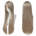 Front and back view of 80cm ash blonde long straight cosplay wig with blunt bangs - Flaxen