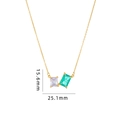 Elegant gold titanium necklace with emerald and lavender zircon pendants showing dimensions - Gold