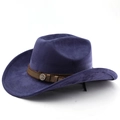 Detailed close-up of blue felt cowboy hat with leather band and bronze anchor buckle - M (56-58cm) / Navy Blue