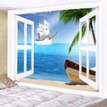 Arazzo 3D con vista mare e palme per decorazione moderna della camera da letto - 150x130cm / Falsa Finestra Vista Oceano Tropicale e Barca a Vela