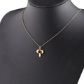 Detail of a gold zodiac necklace with red birthstone pendant on a black bust - 1-1 Aries