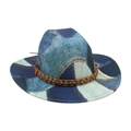 Vintage patchwork denim fedora with brown braided beaded band in rustic cowboy style - One Size / Royal Blue