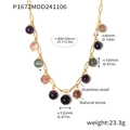 Dettaglio delle perle in pietra naturale colorata e catena in acciaio inox con dimensioni - 40+5cm / Pietra multicolore dorata