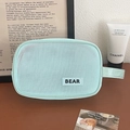 Mint green mesh cosmetic bag with Bear logo label and convenient woven handle - Rectangular Handheld / Teal