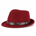 Classic burgundy wool felt fedora hat with dark brown leather band and metallic M buckle - Wine Red-Coffee Belt
