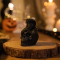 Matte black skull and cobra scented candle for Halloween decor on wooden base - Snake-eye Skull / Black