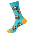 Seeblaue Wadenstrümpfe mit Tag der Toten Totenkopfmuster und gelben Fersen - 1391-Seeblauer Schädel Floral