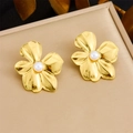 Elegant gold flower stud earrings with central pearl on a brushed metallic background - Gold Pearl Flower Style (E6212)