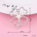 Silver four-leaf clover brooch with rhinestones and white pearl, size 42mm x 33mm - D1001 Four-leaf Clover