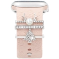 Close-up of pink silicone watch band with pearl reindeer and rhinestone tree charms - Silver-Reindeer Christmas Tree-Pink Band