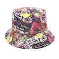 Detailed view of colorful graffiti patches and letter prints on a trendy cotton bucket hat - M (56-58cm) / Pink Purple Graffiti Style (M920)