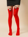 Christmas over-the-knee red socks with 3D plush reindeer and green bow details - Red Thigh Socks with 3D Reindeer