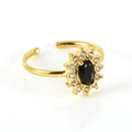 Adjustable golden sunflower ring with black oval stone and sparkling white crystals - Gold with Black Zirconia