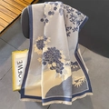 Blue winter cashmere-like shawl with jacquard floral landscape patterns and tassels - Landscape Floral-Blue