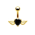 Golden belly button ring featuring a black heart zircon stone and intricate wings - Gold Black Zirconia