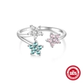 S925 sterling silver open ring featuring three colorful zircon flowers in pink and blue - Style 12-Fresh Three Mini Flowers