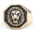 Vintage gold plated stainless steel signet ring with embossed lion head in octagon frame - US 10 / Gold