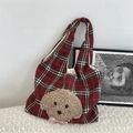 Cute red plaid tote bag with plush brown puppy embroidery and pink bow accent - Red Plaid