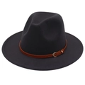 Detail of dark grey fedora hat with brown faux leather belt and gold metal buckle - M (56-58cm) / Dark Gray