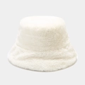Detailed view of the soft white plush texture on this winter faux fur bucket hat - Flat Top Bucket Hat / White