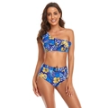 Blue tropical floral print bikini set with one-shoulder ruffle top and high-waisted belted bottoms - S / Blue Floral Print