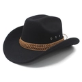 Detail van zwarte vilten cowboyhoed met metalen oogjes en een bruine gevlochten leren band - M (56-58cm) / Zwart