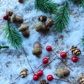 Kit de decoración navideña con piñas, bayas rojas y agujas sobre fondo de nieve - Set de Agujas de Pino Nevadas y Bayas Rojas 01