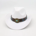 Detail of white felt cowboy hat with leather band featuring turquoise beads and metal studs - White (Floral Leather Belt)