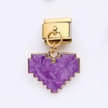 Golden stainless steel link with purple pixel heart charm in marble resin for DIY bracelets - Heart