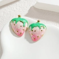 Pink and green strawberry stud earrings in 18k gold plated stainless steel for women - Pink Strawberry