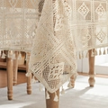 Vintage crochet tablecloth in beige with hollow lace patterns and tassel fringe details - Beige Crochet Diamond