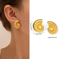 Detailed size view of gold spiral shell earrings with white pearl and metal texture - Zjge0569