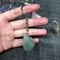 Natural light green crystal raw stone keychain with silver metal ring for handbags - Aventurine Jade