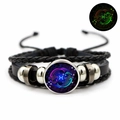 Luminous Pisces constellation braided black leather bracelet with glowing green glass pendant - Pisces / Black