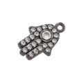 Macro detail of Hamsa Hand pendant with black base and sparkling round rhinestones - Gun Black with White Zirconia