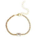 Golden Cuban chain bracelet with rectangle crystal and round rhinestones - Tennis Chain Style / Gold + White Zirconia