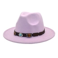 Detail of lavender wool fedora hat featuring a brown belt with turquoise ornaments - M (56-58cm) / Taro Purple