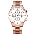 Business quartz watch with rose gold metal band and three-dial chronograph display - White Dial Rose Gold Band (Flat Fork)