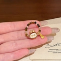 Beaded tiger eye ring with cute cartoon rabbit pendant and gold metal charm accessory - Gold Cartoon Rabbit Expression Beaded Ring