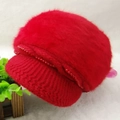 Women's red rabbit fur knit beret featuring red pearl beads and warm knitted brim - One Size / Wave Red