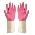 Pink and beige dual-color latex cleaning gloves with non-slip texture for household chores - S / Deep Pink