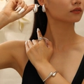 Silver liquid metal jewelry set featuring teardrop earrings, open ring and cuff bangle - Earrings + Ring + Thin Bangle (45) / Three-Piece Set / Bright Silver
