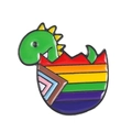 Cute green dinosaur in a Progress Pride rainbow egg shell enamel pin badge - Rainbow Eggshell Dinosaur (XZ6258)