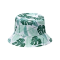 Detail of tropical banana leaf print and stitching on white cotton bucket hat - White Light Dark Green Leaves (W)