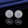 Sparkling S925 silver stud earrings featuring round cubic zirconia with halo design - Fully Diamond Sunflower Earrings Tz-41