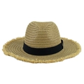 Women's summer straw sun hat with wide frayed brim and black ribbon decoration - Khaki - Ribbon