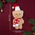 Plush Christmas teddy bear pendant with red knit hat and striped scarf on red background - Brown Bear with White Scarf