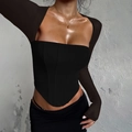 Top ajustado negro de manga larga con hombros descubiertos y estilo de corsé para mujer - S / Negro