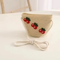 Straw woven crossbody bag for girls with red cherry patches and white rope strap - Cherry Bag / Beige